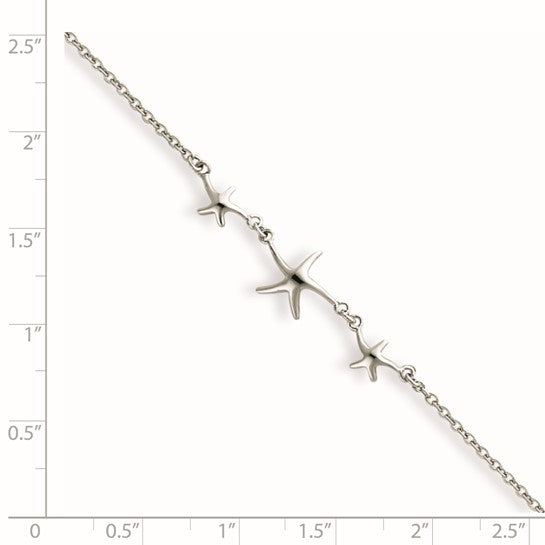 Sterling Silver Rhodium-plated 10in with 1in ext Three Stars Anklet