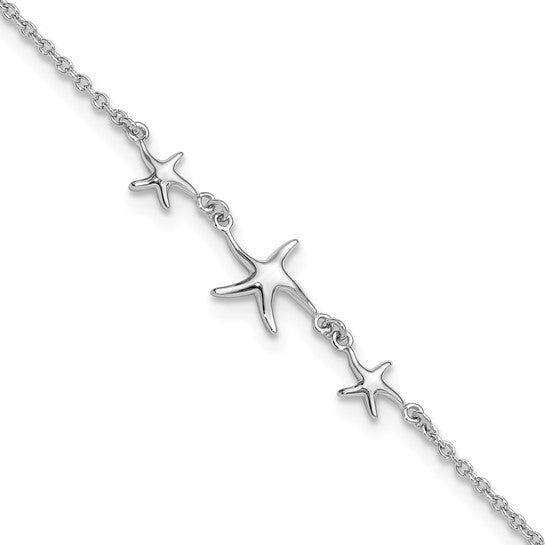 Sterling Silver Rhodium-plated 10in with 1in ext Three Stars Anklet