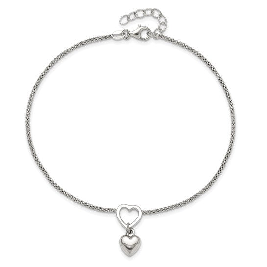 Sterling Silver Rhodium-plated Heart Dangle Charm 9in with 1in ext Anklet