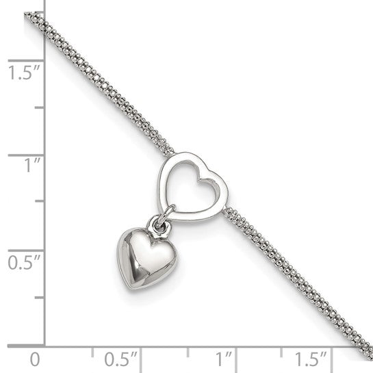 Sterling Silver Rhodium-plated Heart Dangle Charm 9in with 1in ext Anklet