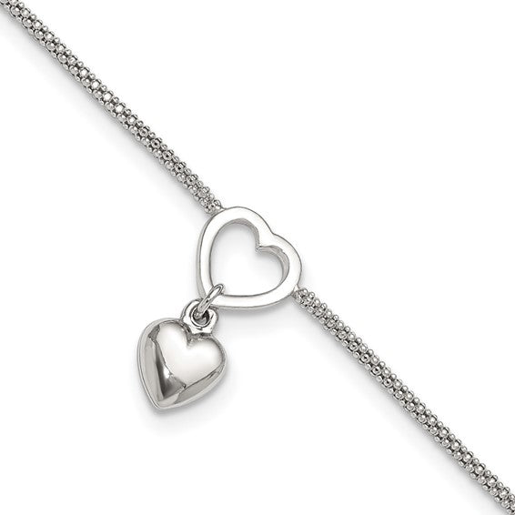 Sterling Silver Rhodium-plated Heart Dangle Charm 9in with 1in ext Anklet