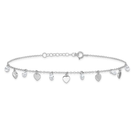 Sterling Silver RH-plated Polish and Brushed Heart CZ 8.75in Plus 1in Ext Anklet