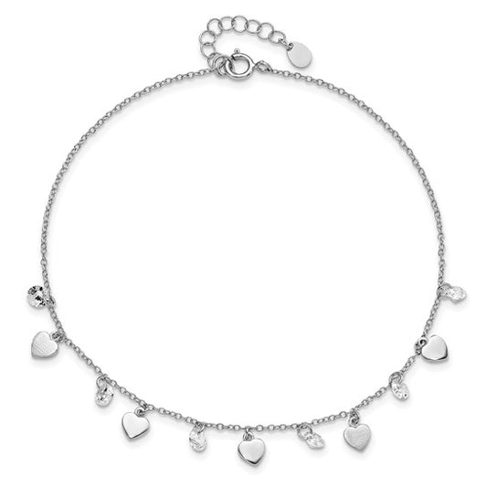 Sterling Silver RH-plated Polish and Brushed Heart CZ 8.75in Plus 1in Ext Anklet