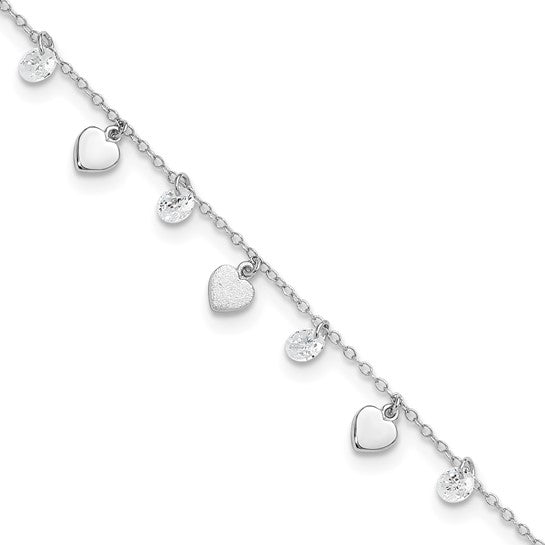 Sterling Silver RH-plated Polish and Brushed Heart CZ 8.75in Plus 1in Ext Anklet