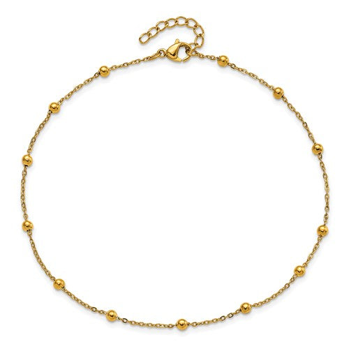 Stainless Steel Polished Yellow IP-plated Beaded 9.5 inch Anklet Plus 1 inch Extension