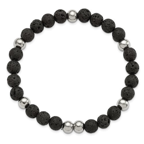 Stainless Steel Polished 9mm Lava Stone Beaded Stretch Bracelet