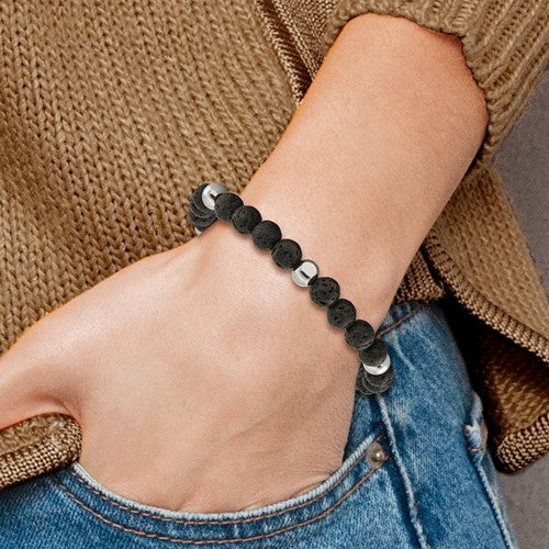 Stainless Steel Polished 9mm Lava Stone Beaded Stretch Bracelet