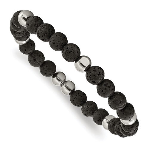 Stainless Steel Polished 9mm Lava Stone Beaded Stretch Bracelet