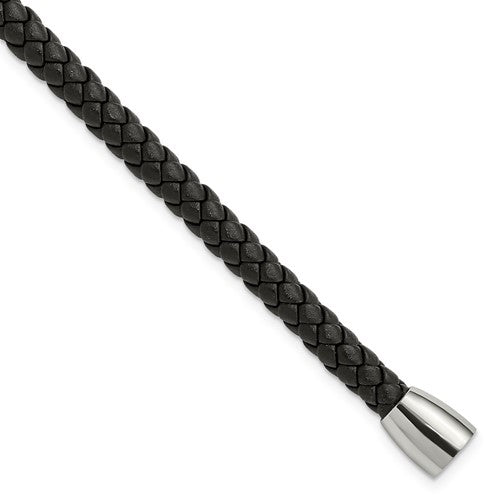 Stainless Steel Polished Black Braided Leather 8.5 inch Bracelet