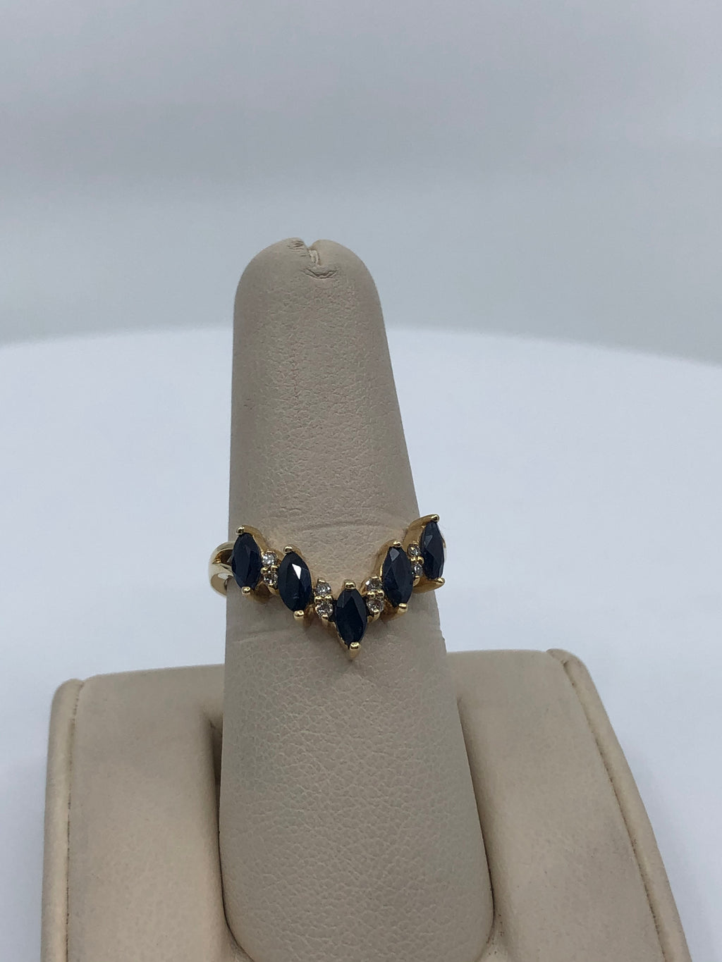 V Style 14K Yellow Gold Marquise Sapphire Ladies Ring