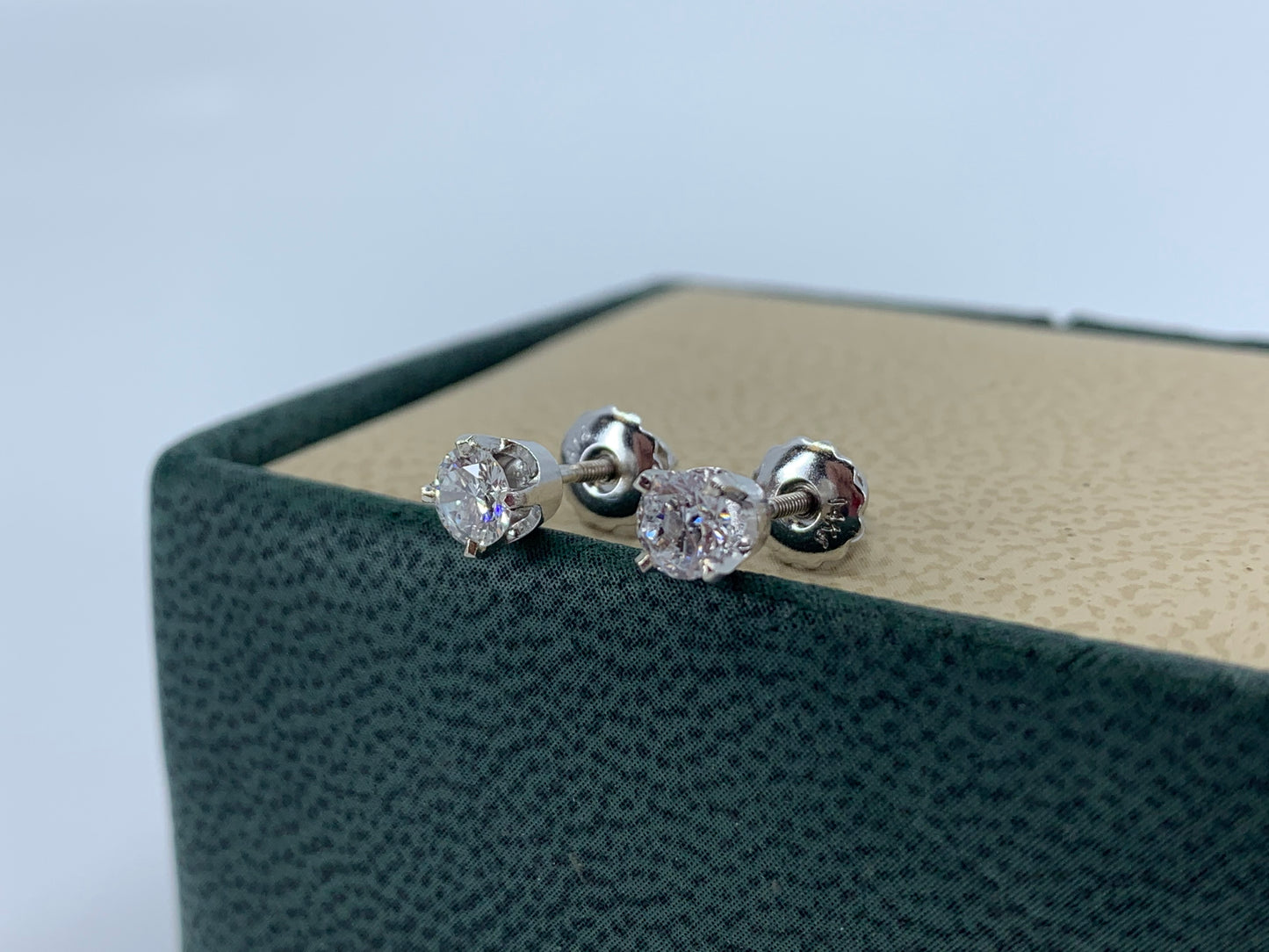 14K White Gold Diamond Studs .59 Carat Total Weight with Screw Back Post