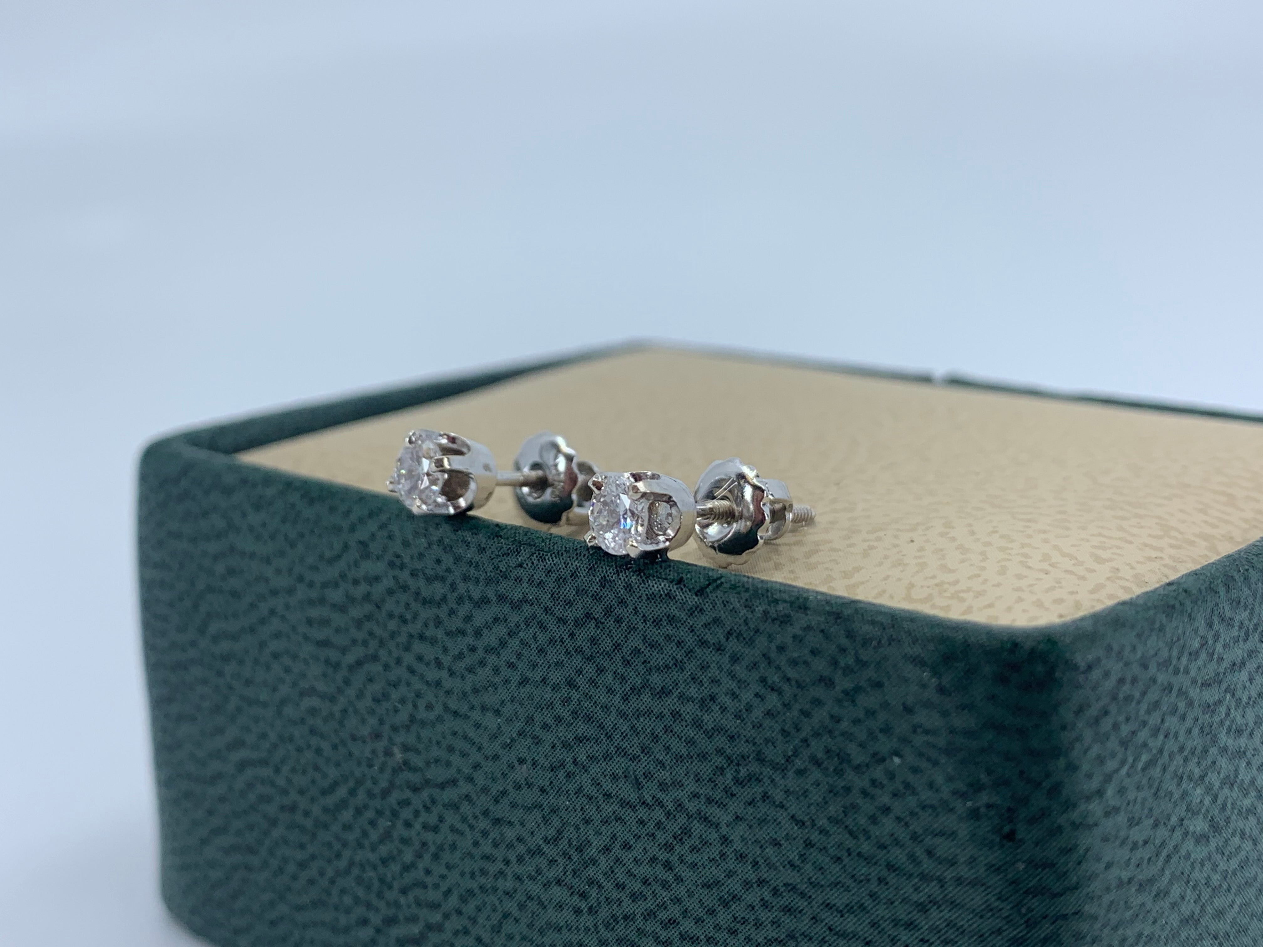 14K White Gold Diamond Studs .41 Carat Total Weight with Screw Back Post
