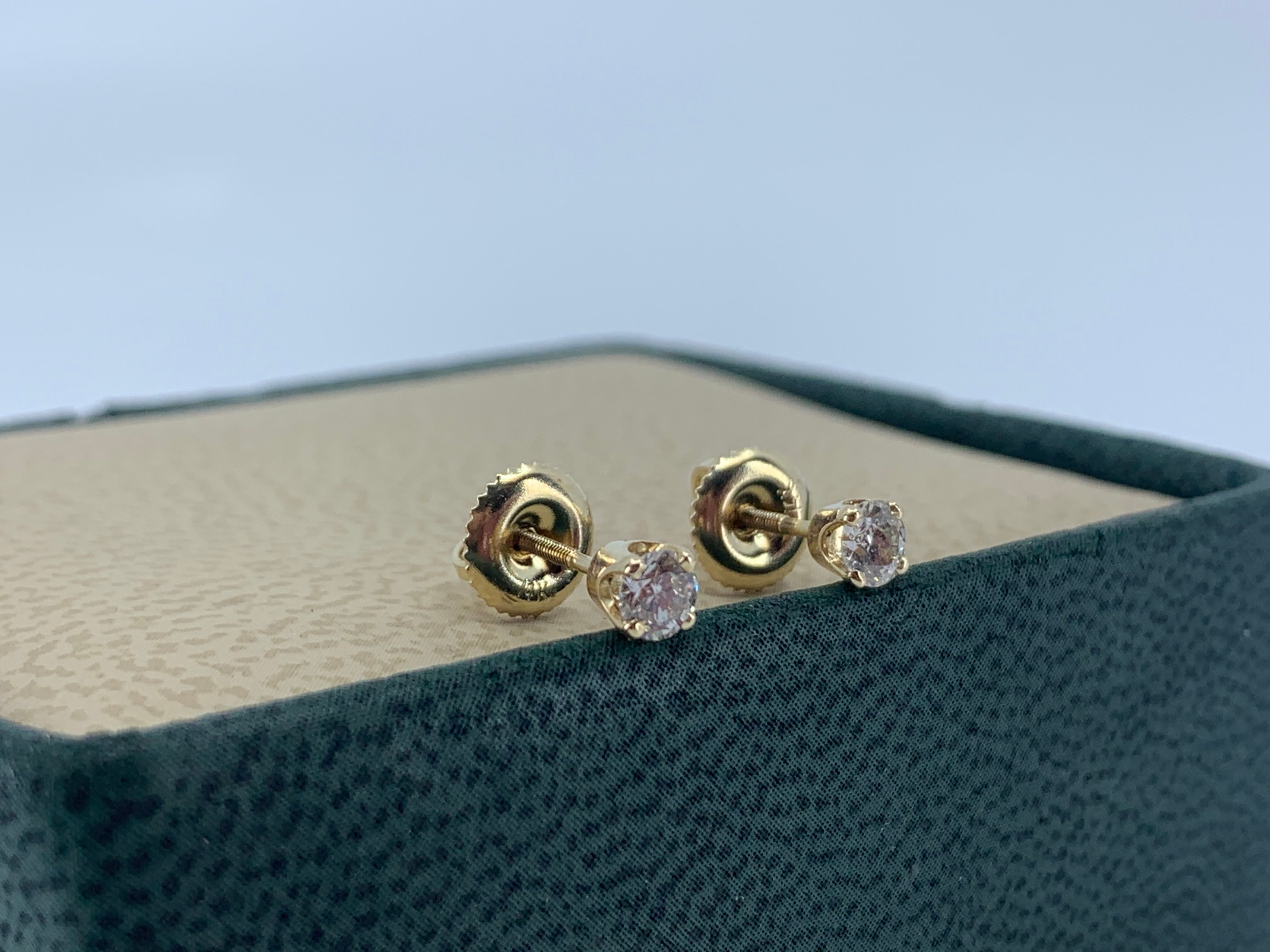 14K Yellow Gold Diamond Studs .32 Carat Total Weight with Screw Back Post